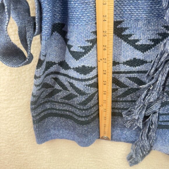 Badgley mischka Blue black Jacquard knit Shawl Belted Fringe long cardigan L NWT - Picture 11 of 12